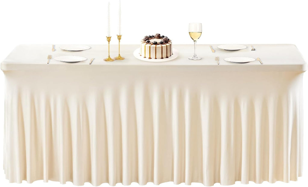 PARTISKY 6 Pack Ivory Spandex Table Cloths for Rectangle Tables 8ft, Ivory Table Skirt for Party, Table Cover with Skirt for Wedding Folding Table Banquet Baby Shower & Birthday Parties