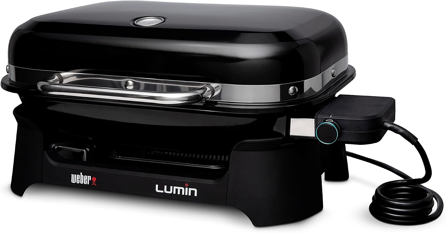 Weber Lumin Portable Electric Grill, Black – High‑Heat Outdoor BBQ Reaching 600°F for Searing, Smoking, Steaming & Warming – Ideal for Samll Spaces & Travel
