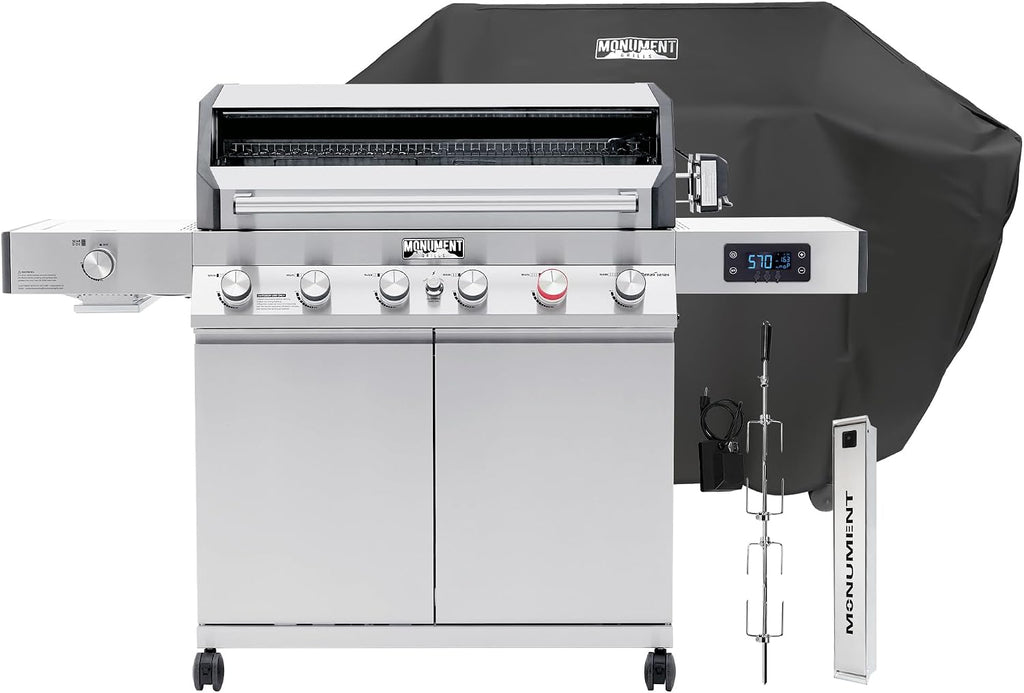 Monument Grills 6+1 Burner Smart Tech Propane Gas Grill, Denali 605Pro Stainless Steel Grill 78,000 BTU Outdoor Patio Yard Barbecue Grill with Side Sear Burner, Smoker Box, Cover and Rotisserie Kit