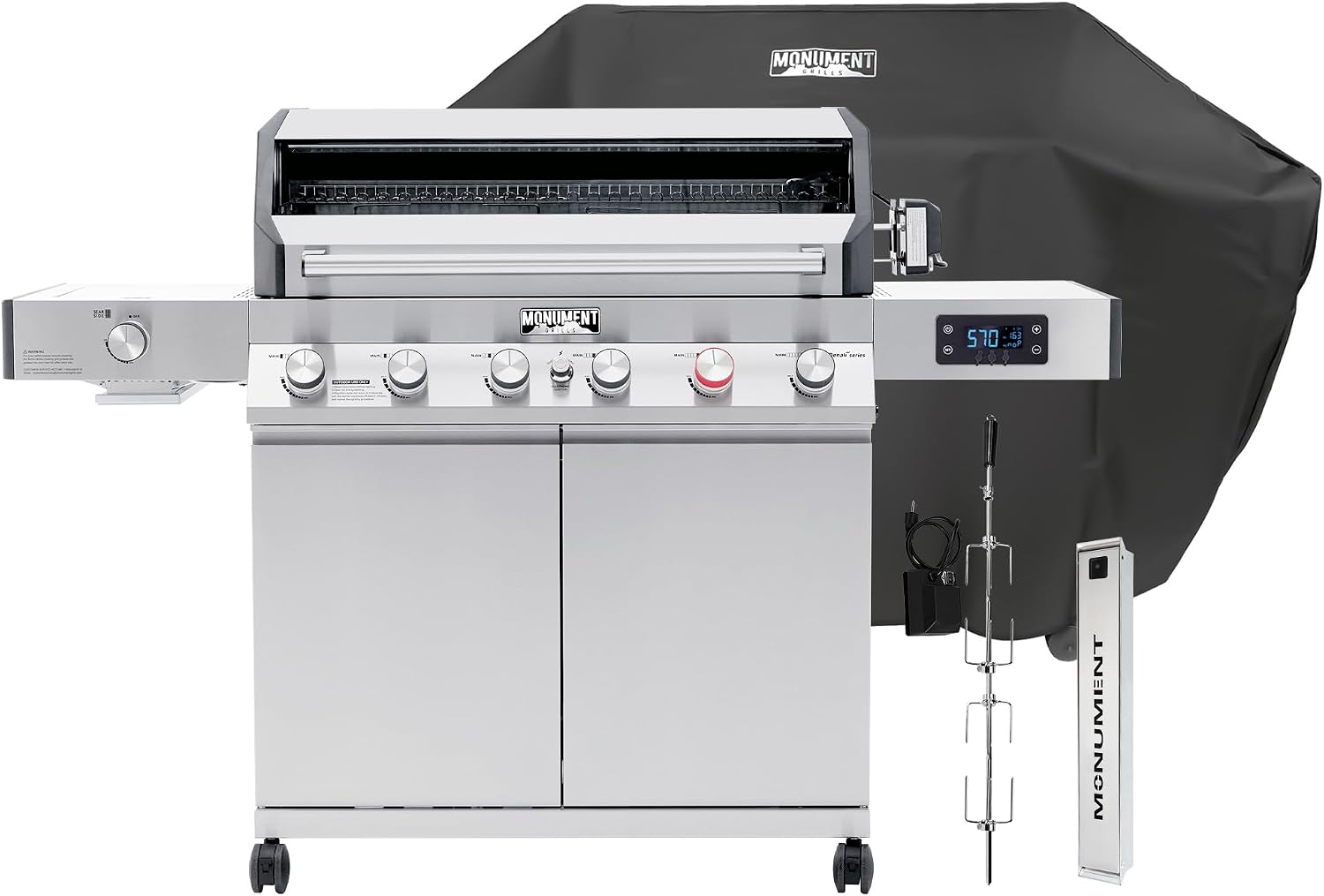 Monument Grills 6+1 Burner Smart Tech Propane Gas Grill, Denali 605Pro Stainless Steel Grill 78,000 BTU Outdoor Patio Yard Barbecue Grill with Side Sear Burner, Smoker Box, Cover and Rotisserie Kit