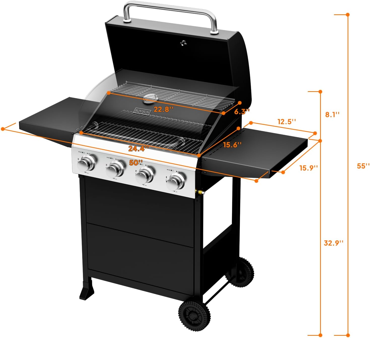 ROVSUN 4 Burner Propane Gas Grill with Foldable Side Shelves, 40000BTU BBQ Grills with Enameled Cast Iron Grates, Cabinet & Poratable Rolling Wheels for Outdoor Garden Patio Backyard Barbecue Cooking