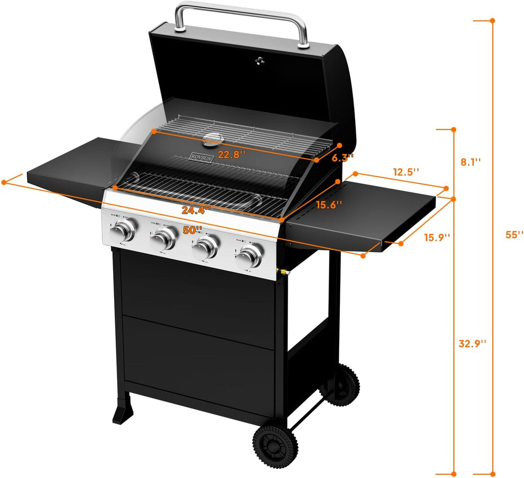 Bonnlo 4 Burners Portable Gas Grill with Enameled Cast Iron Grates, Powerful 40,000 BTU Propane Grill with Side Shelf & Bottom Cabinet, Outdoor Grill with Wheels for Patio Backyard Garden BBQ Use