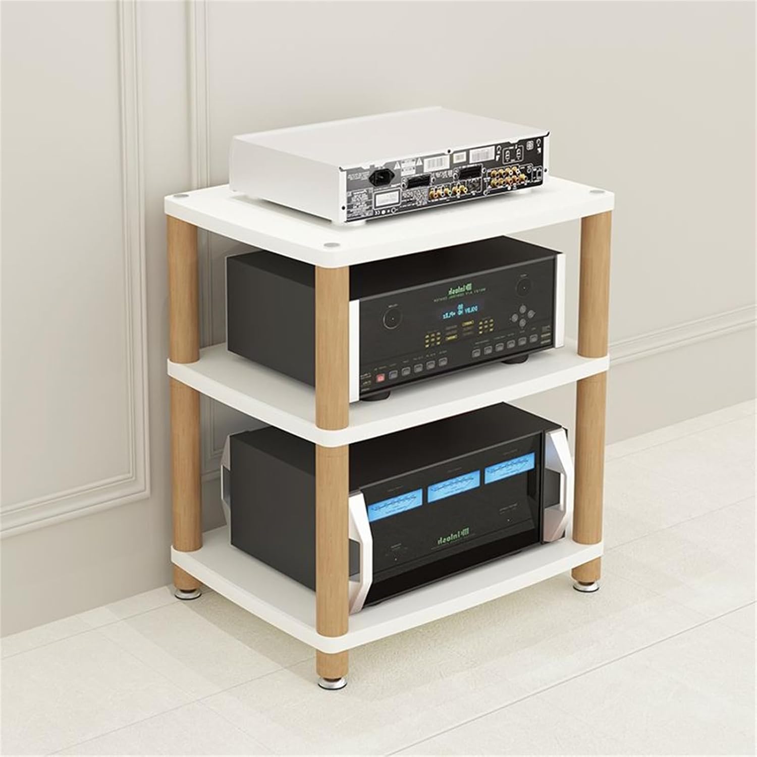 Adjustable 3-Tier AV Media Stand - Record Player, DVD, CD Audio Rack Tower Holder - Entertainment Stereo Storage Cabinet Console Shelf - White