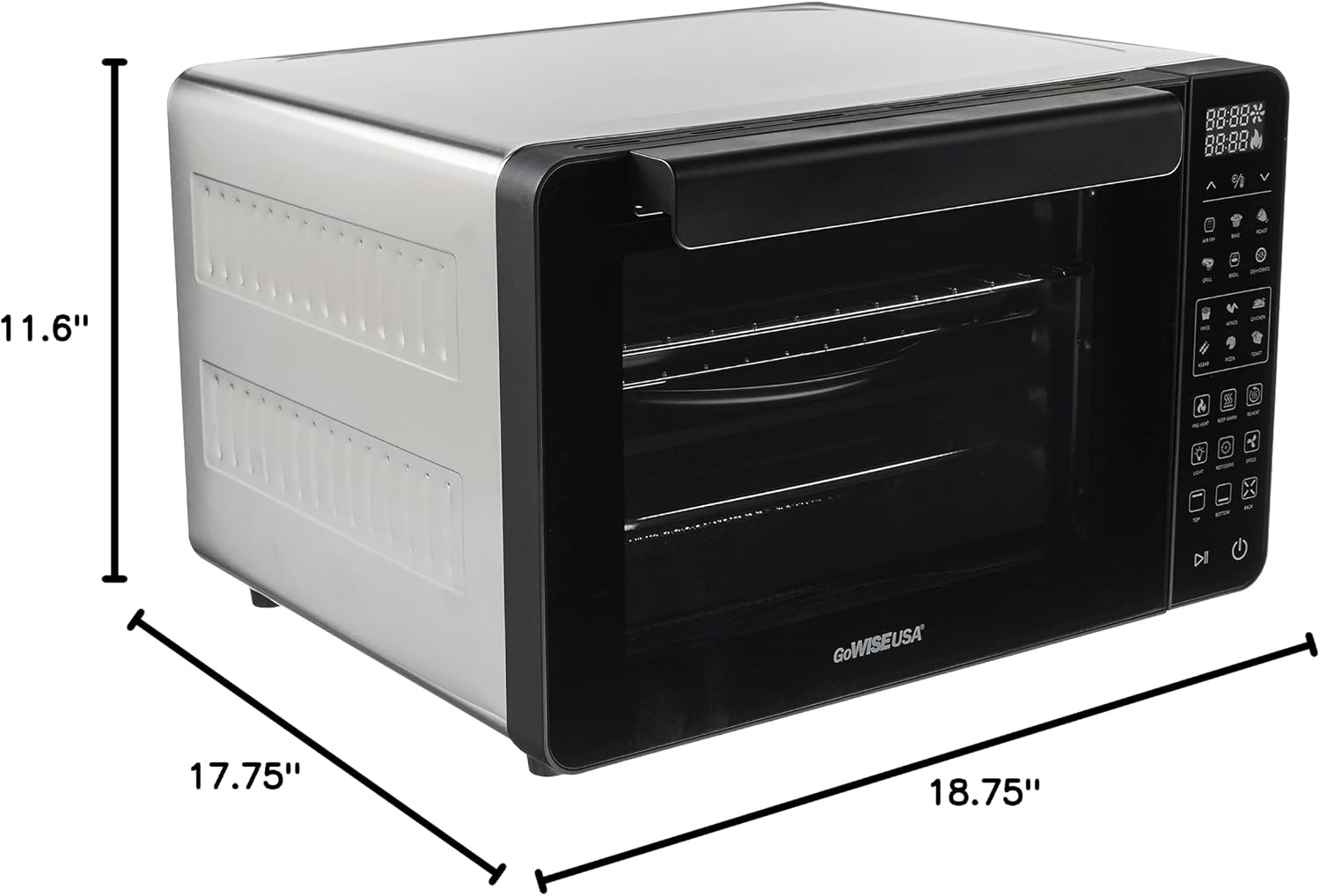GoWISE USA 25-Quart Air Fryer Oven & Professional Dehydrator with 3 Heating Elements & Rotisserie, 12 Functions, Preheat & 5 Cooking Levels – Fits 12-Inch Pizza, 11 Accessories and Stainless Steel