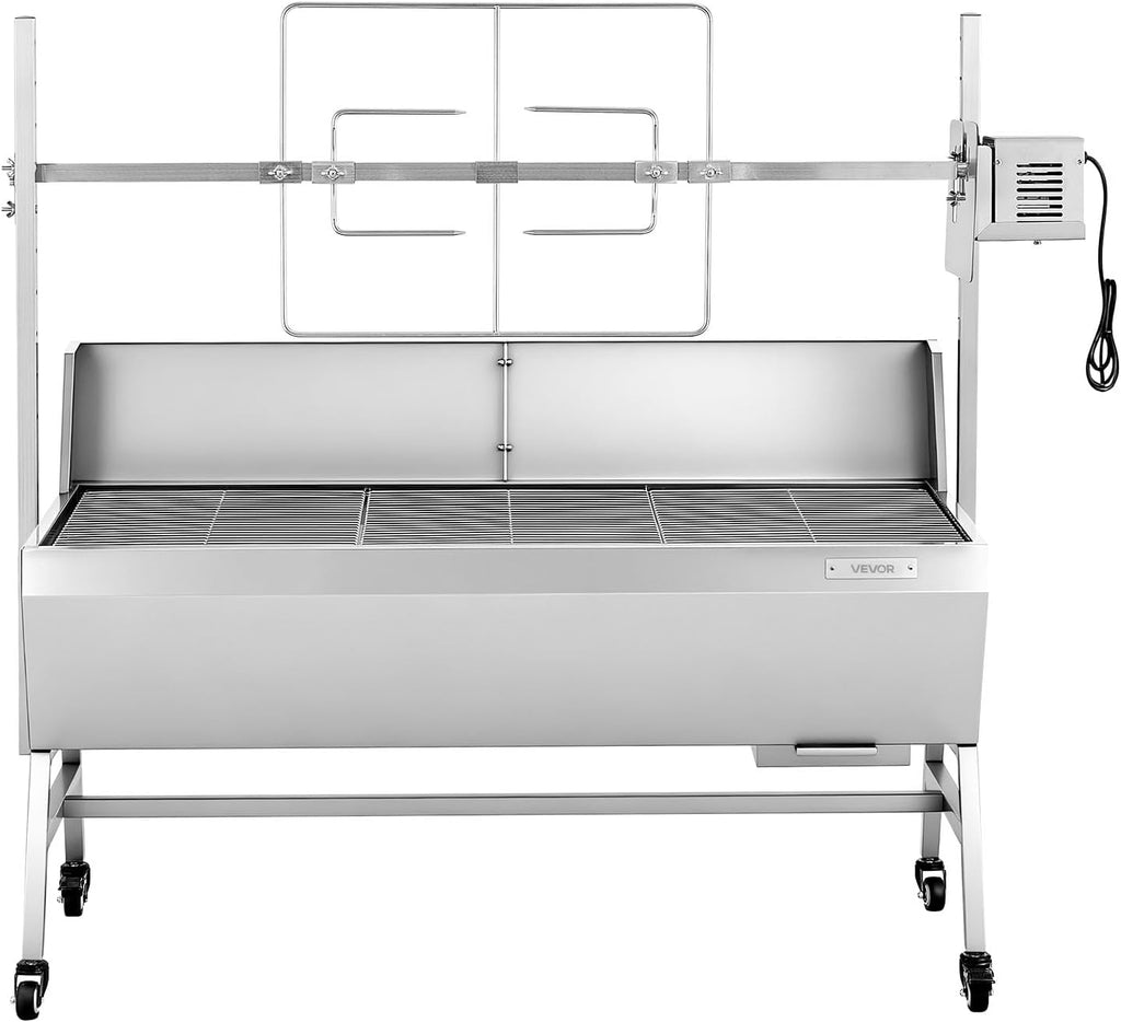 VEVOR Rotisserie Grill, 46in BBQ Outdoor Pig & Lamb Spit Roaster, Charcoal Spit Roaster with 132 LBS Capacity, Wheels, 4-Level Height, Stainless Steel Electric Rotisserie Grill Kit for Camping Outdoor