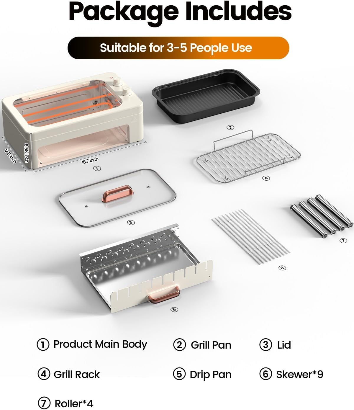 XHJ 4-in-1 Electric Indoor Grill Smokeless for Home,Countertop Electric Grill with Removable Sizzling Grill Pan & Grate + Auto Rotating Kabob Skewers + Electric Hot Dog Roller Dual Zone Cook with Lid
