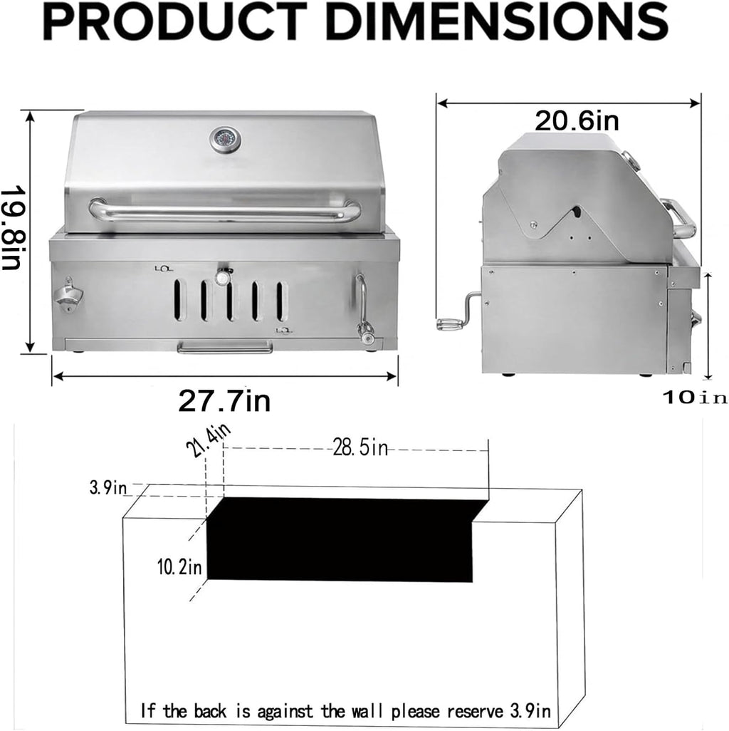 Large Charcoal BBQ Grills, Built in Barbecue Grill with Liftable Tray, Insulated Hood & Temp Gauge, Silver Stainless Steel BBQ Barrel Grill for Outdoor Kitchen Cooking Family Parties Patio Park Style