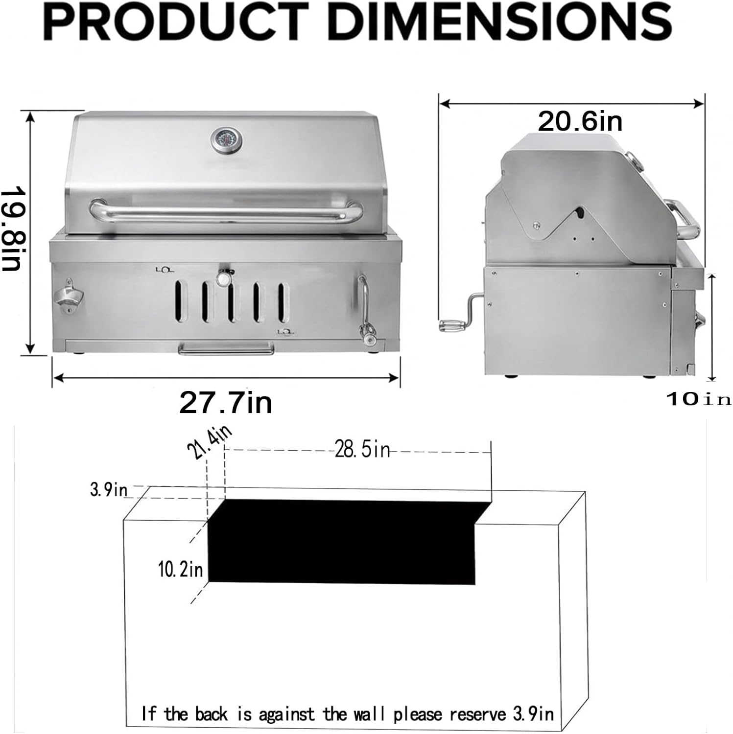 Large Charcoal BBQ Grills, Built in Barbecue Grill with Liftable Tray, Insulated Hood & Temp Gauge, Silver Stainless Steel BBQ Barrel Grill for Outdoor Kitchen Cooking Family Parties Patio Park Style