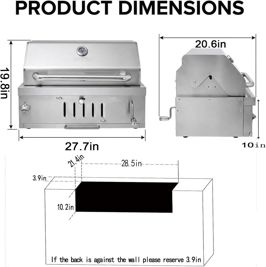 28In Built in BBQ Grills, Large Outside Charcoal Grill with BBQ Fork Kit Liftable Tray & Thermometer, Silver Stainless Steel Barbecue Grill for Outdoor Kitchen Cooking Patio Camping Park