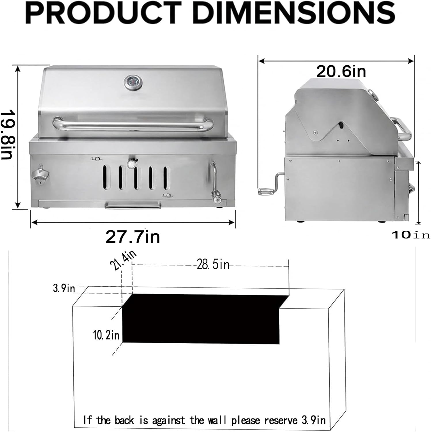 28In Built in BBQ Grills, Large Outside Charcoal Grill with BBQ Fork Kit Liftable Tray & Thermometer, Silver Stainless Steel Barbecue Grill for Outdoor Kitchen Cooking Patio Camping Park