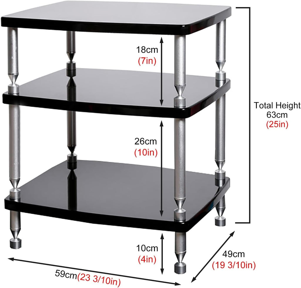 SRNSAEB 1/2/ 3/4 Tier Audio Equipment Rack Cabinet, Heavy Duty DVD Media Stand Black with Fitting, Standing Video Game Console Shelf Organizer for Game Consoles/Projector(3-Layer)
