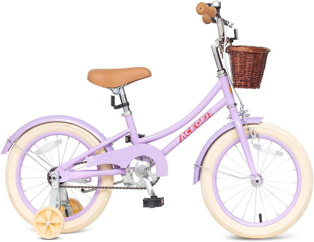 ACEGER Retro Princess Kids Bike with Basket for 3-12 Years Old Girls, Included Coaster Brake & Caliper Brake, 14 16 18 Inch with Training Wheels, 20 Inch with Kickstand, Vintage Bicycle for Gifts.