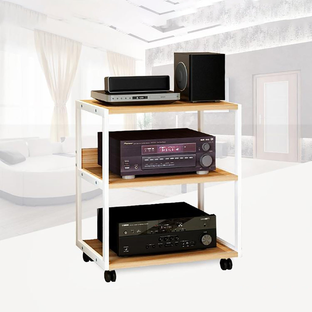 Wooden Display Cabinet with Wheels, Media Stand & Audio Rack, Corner Shelf with Storage Shelves for Game Consoles & TV Accessories, Stereo Rack Tower for Recording Room.
