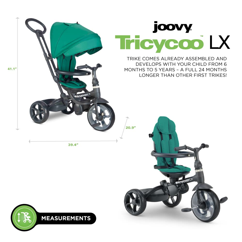 Joovy Tricycoo LX Premium Kids Tricycle with 8 Stages Featuring Chunky Front Tire, Removable and Adjustable Parent Handle, Safety Harness, Machine-Washable Seat Pad, and Retractable Canopy, Pine