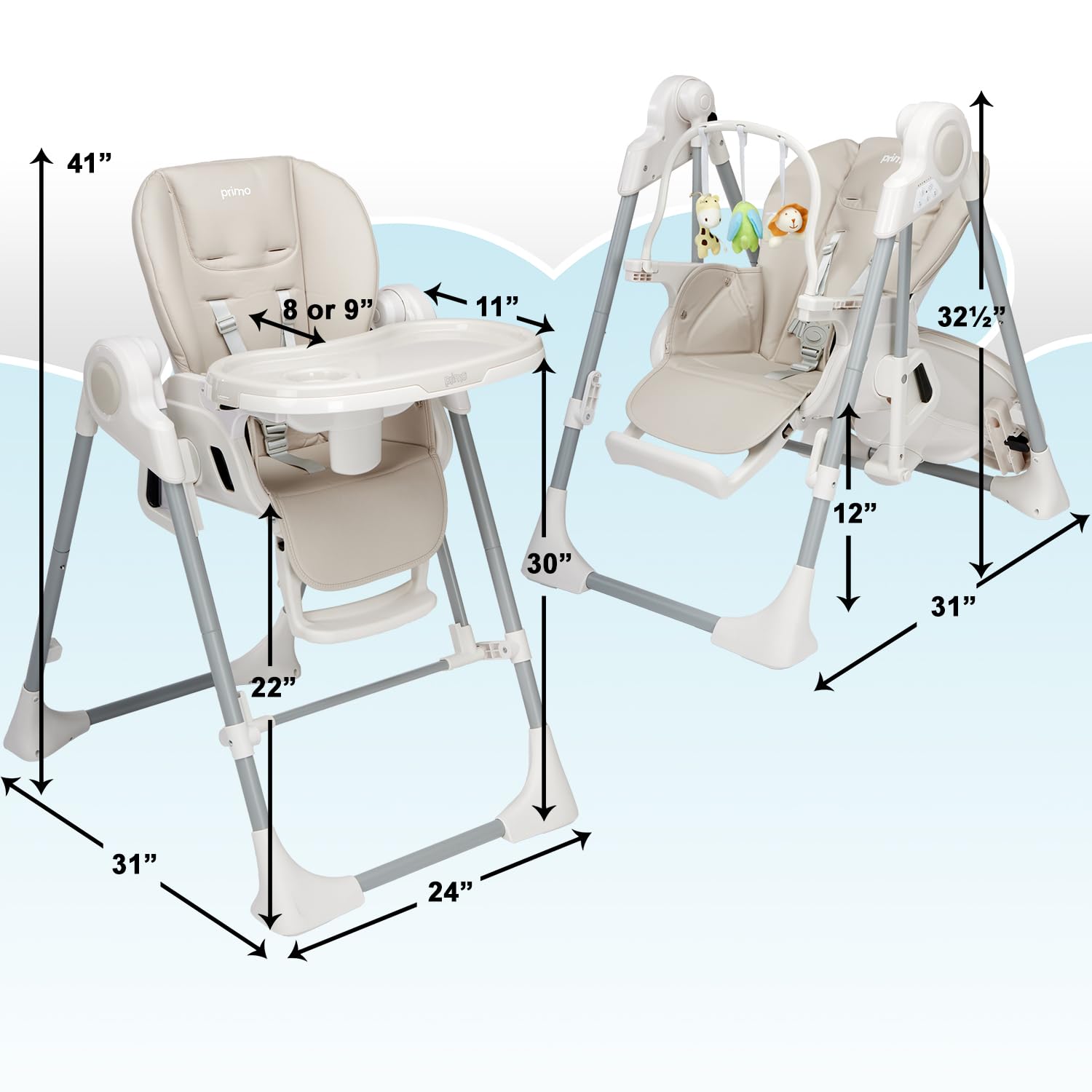 PrimoBaby SnuggleBug 2-in-1 Infant Swing & High Chair, Adjustable Seat Recline, Height, & Feeding Tray, App Control, Music & Nature Sounds, Toy Bar, Ergonomic Cushion, 5 Point Safety Harness