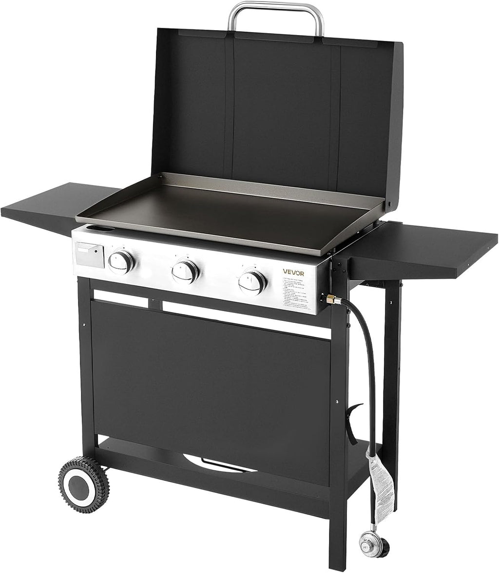 VEVOR Gas Griddle, 3-Burner Flat Top Grill, Propane Griddle with Wheels, Lid, 33000 BTU Outdoor Flat Top Grills for Pan-Frying, Grilling, Stir-Frying, & BBQ, Pulse Ignition, Removable Top Design