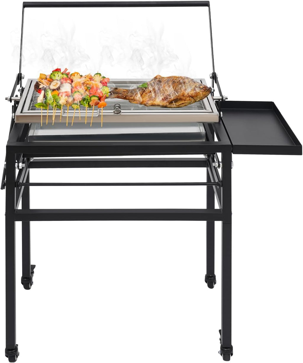 Portable Charcoal Flip Grill for Outdoor BBQ, 360° Rotating Basket Barbecue Grill with Adjustable Height, Detachable Legs, Wheels & Brakes, Camping & Patio Charcoal Grill