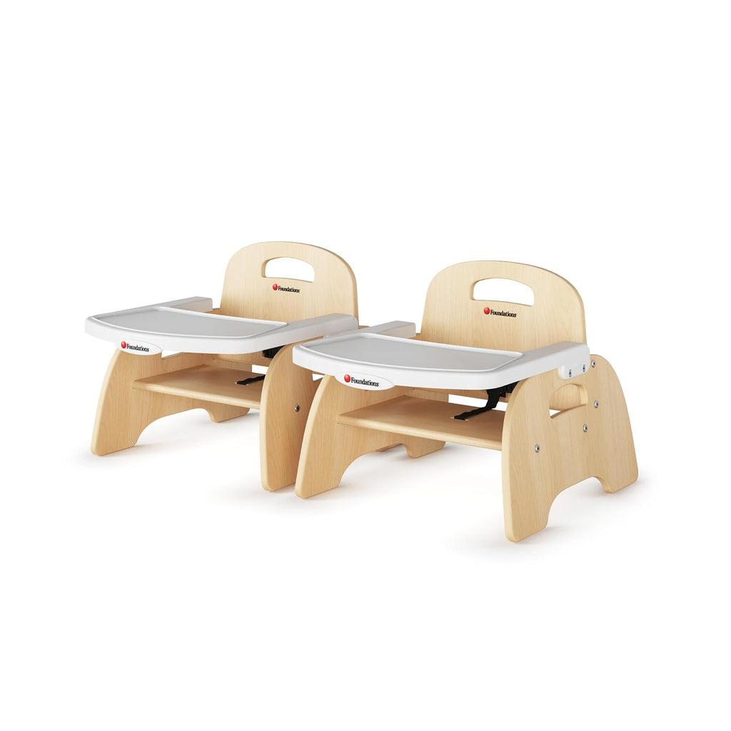 Foundations Easy Serve Low Wood Feeding Chairs Multipack, Adjustable Harness, Removable Dishwasher Safe Tray, No-Tip Base, Stackable Toddler Chairs, 2 Pack, 5 inch