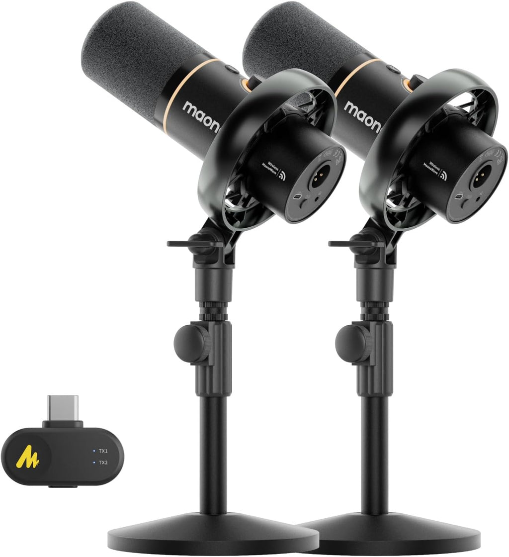 MAONO PD200W Hybrid Wireless Podcast Equipment Bundle for 2, XLR USB Dynamic Microphone Kit with 2 Desktop Stand, for Co-hosted Podcast, Vocal Recording, Content Creation