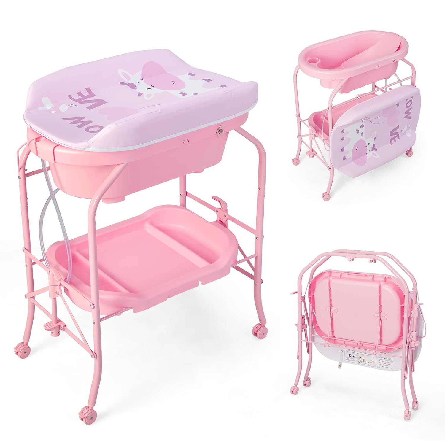 HONEY JOY 2-in-1 Baby Bathtub & Changing Table, Foldable Infant Diaper Changing Station with Wheels, Storage Tray, Waterproof Pad, Portable Newborn Nursery Organizer Bath Stand for Boys Girls (Pink)