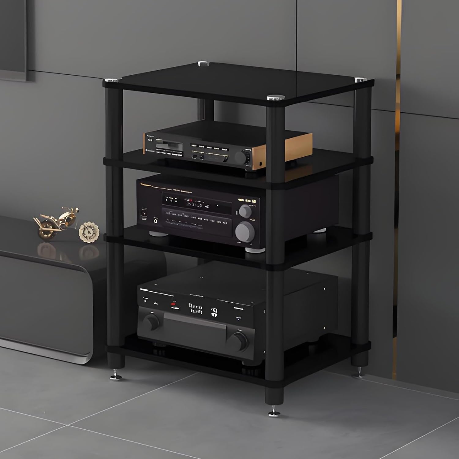 Media Storage Cabinet, Audio Video, Multi-Function Open Storage TV Stand, with Shock-Absorbing Feet Power Amplifier Shelf Equipment Cabinet for Living Room(Black,23.6'x18.8'x31.8')
