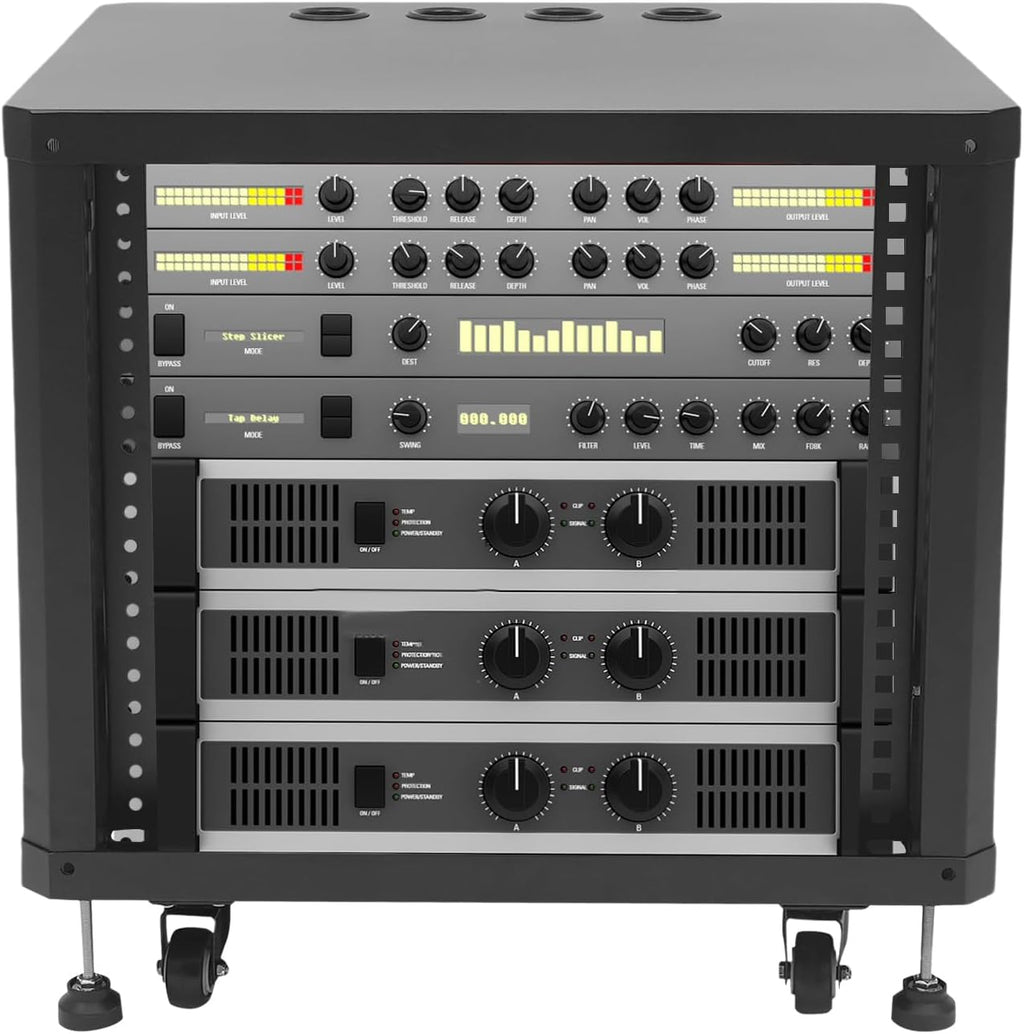 9U Network & Stereo Rack, Universal AV Equipment Rack with Caster Wheels, 19-Inch Rolling Open Server Audio Cabinet, AV Rack Stand for Studio, Server, Network Gear, Built-in Ventilation Holes (Black)