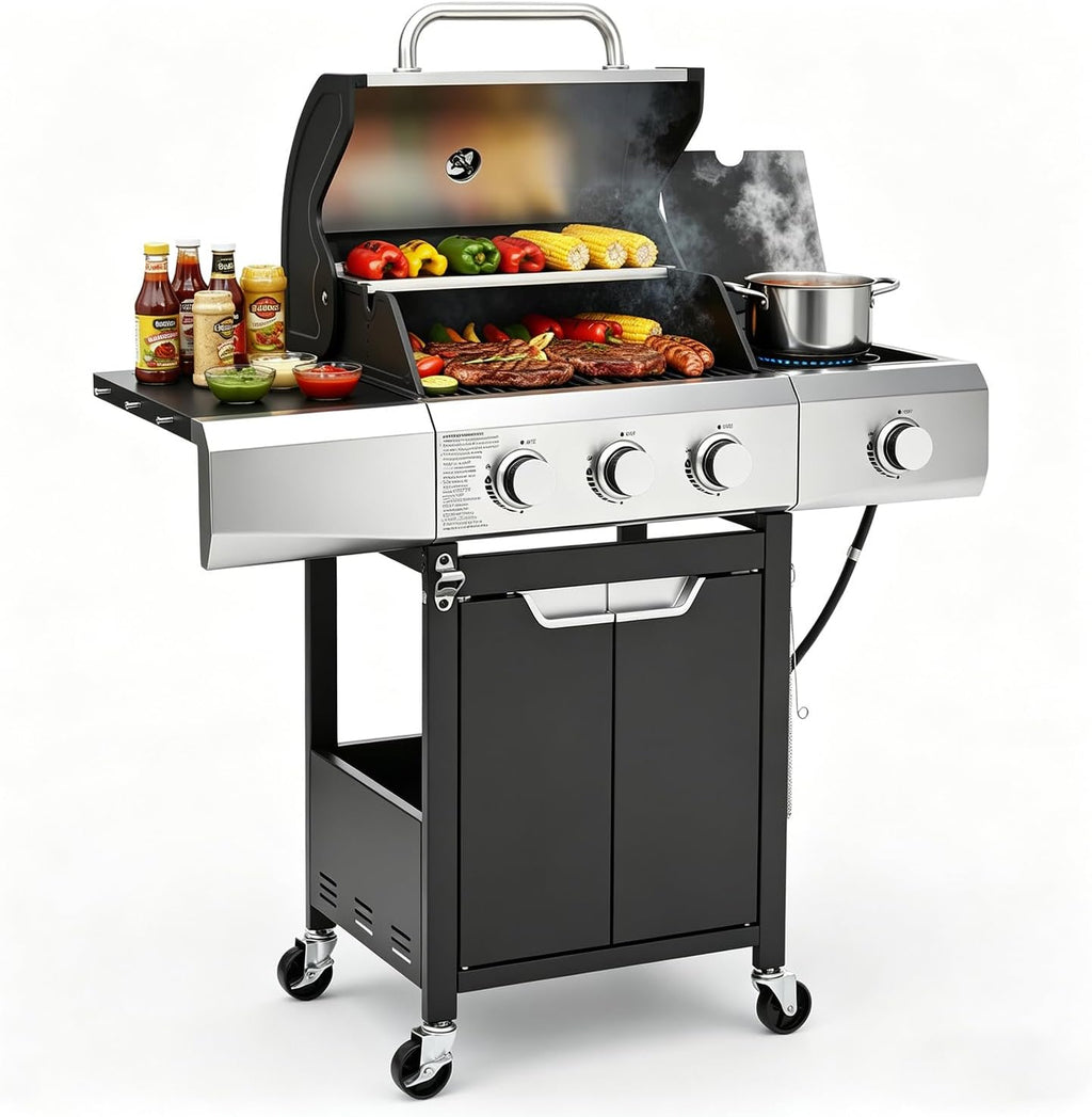 EUHOME 40,500 BTU 3-Burner Propane Gas Grill with Side Burner, Stainless Steel Outdoor BBQ Grill with 380 sq.in Cooking Space, 4 Swivel Casters & Cast Iron Grates for Patio Backyard Garden