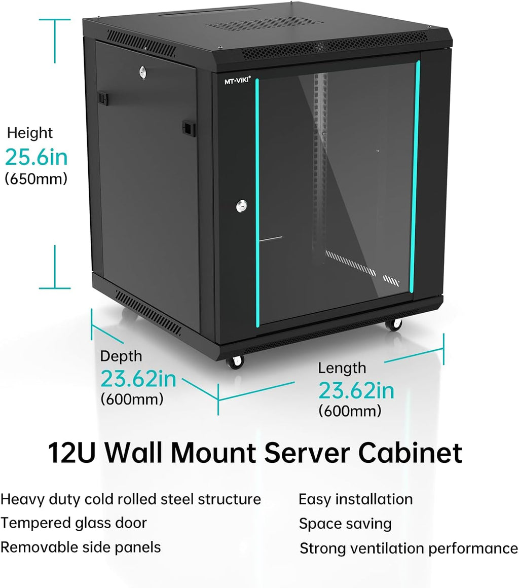 MT-VIKI 12U Server Cabinet Network Rack Vented Enclosure w/Moving Wheel, 0.8mm Thick Steel, 23.6'' Deep (600mm), for 19'' IT Equipment, Included 1pcs 12'' Depth Rack Shelf