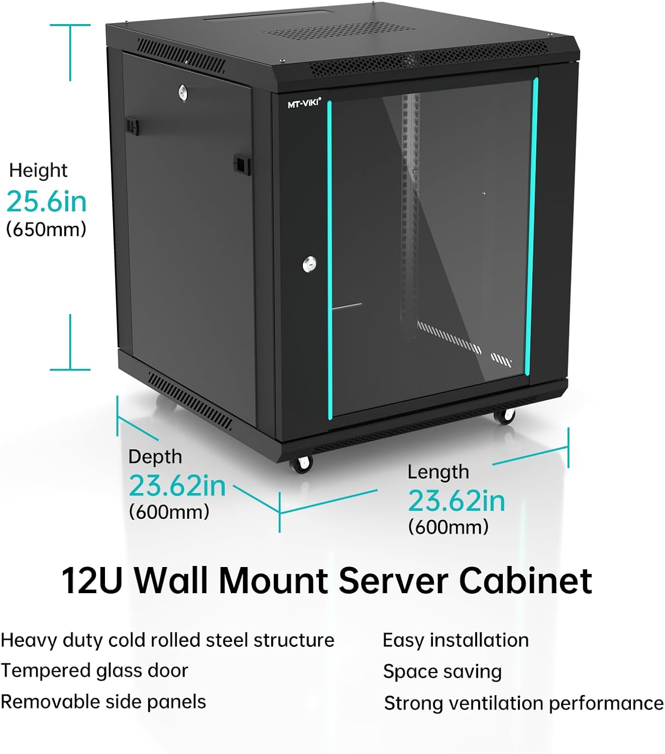 MT-VIKI 12U Server Cabinet Network Rack Vented Enclosure w/Moving Wheel, 0.8mm Thick Steel, 23.6'' Deep (600mm), for 19'' IT Equipment, Included 1pcs 12'' Depth Rack Shelf