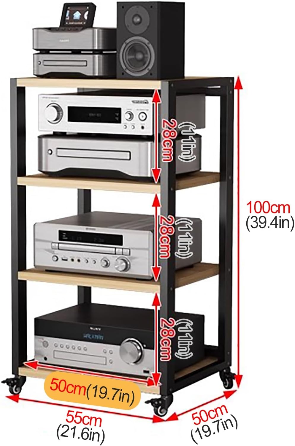Rolling Audio Component Rack Tower Media Stereo Stand Equipment Shelf, Home Commercial Corner Entertainment Center, Stereo Shelf HiFi Audio Systems, 4 tier-100cm Tall