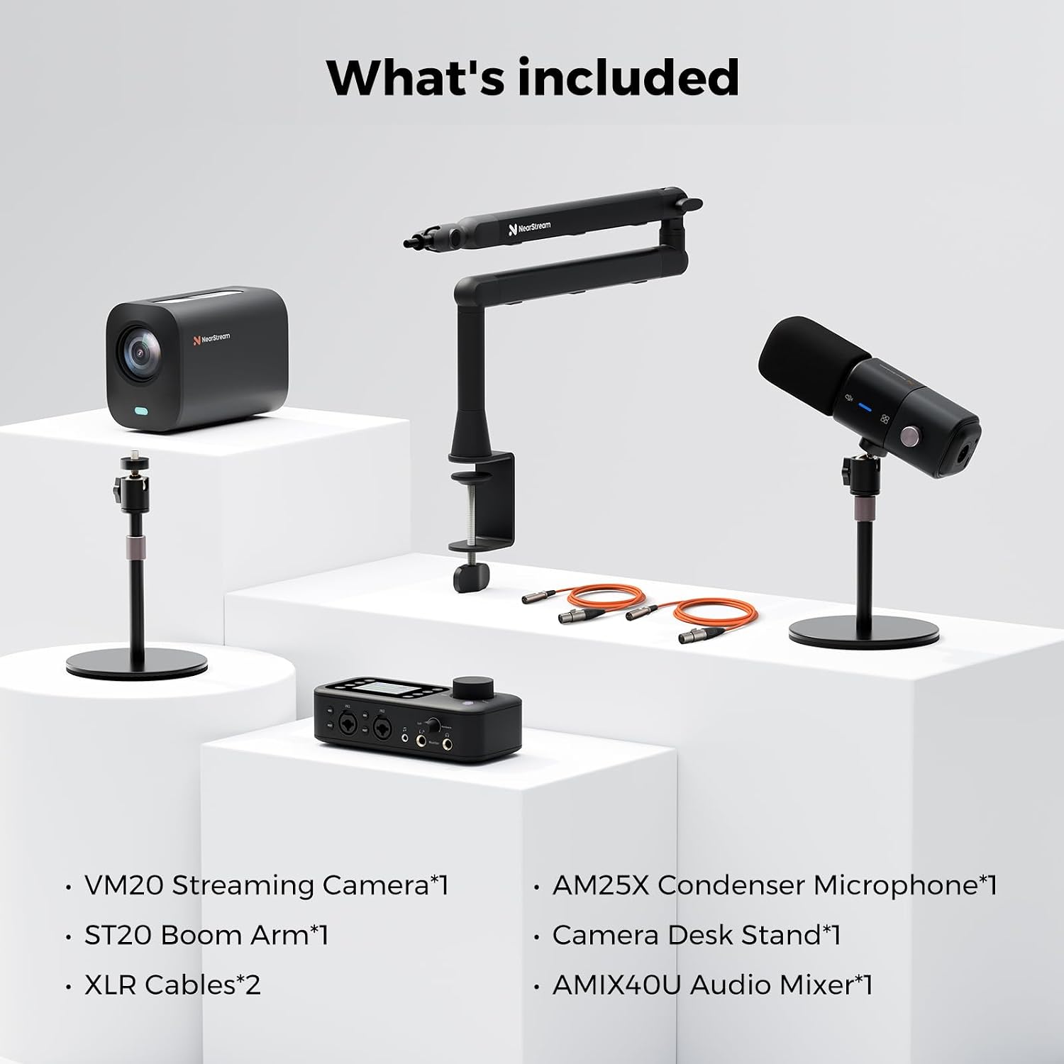NearStream PodPro Solo Podcast Equipment Bundle with 1 VM20 4K Streaming Camera, 1 AM25X Microphone, 1 ST20 Boom Arm, 1 AMIX40U Audio Mixer, 1 Camera Desk Stand & 2 XLR Cables, for Livestream/Podacst