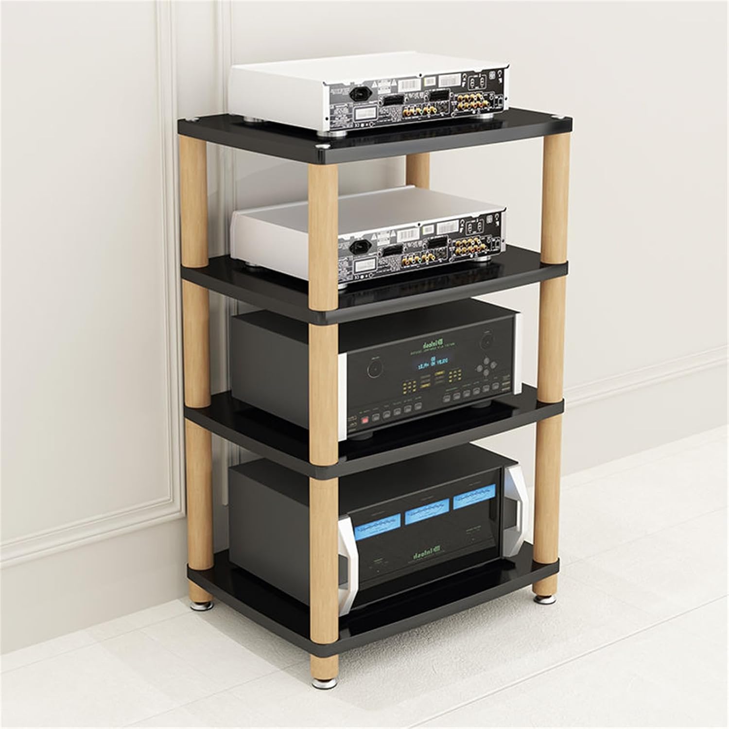 4-Tier Audio Rack Tower Stand - Media Cabinet for AV Components, Entertainment Stereo Shelf, Black Audio/Video Display Rack, Home Theater Equipment Storage