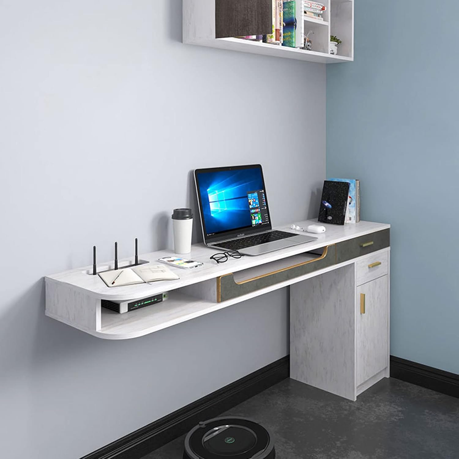 Wall-Mounted Workstation Desk & TV Cabinet - Floating Shelf Storage for Media Console, Audio-Visual Equipment, Home Office & Bedroom Furniture, Corner Shelf Solution