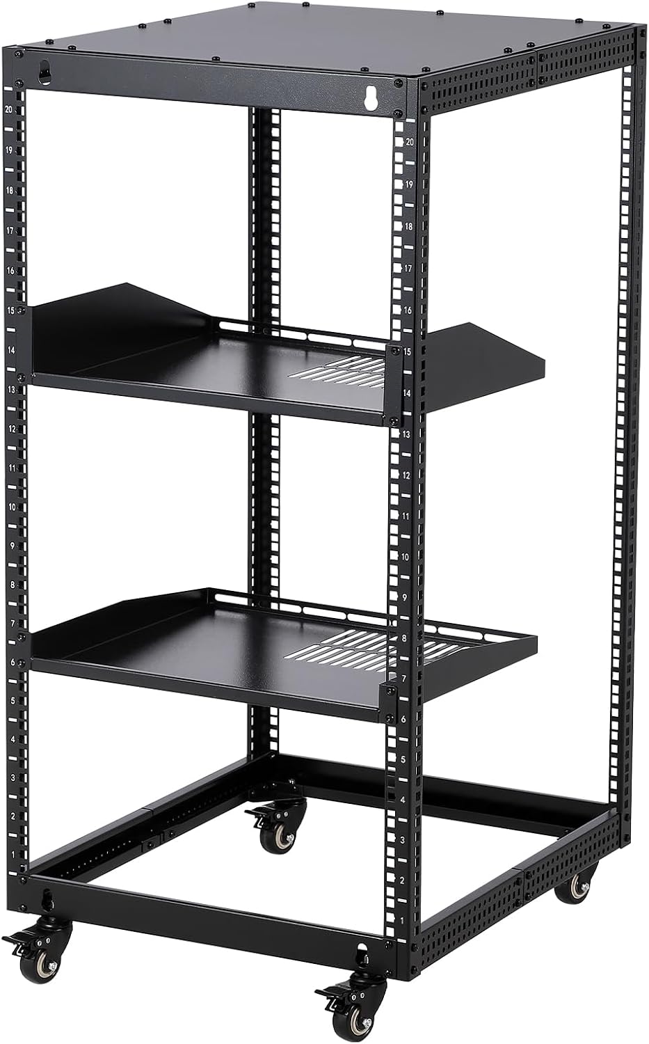 20U Server Rack Open Frame, Adjustable Depth 23'-40', Wall Mount & Free Standing IT Rack with Lockable Casters, 1U Shelf Included 500lbs Capacity for Network/AV Equipment