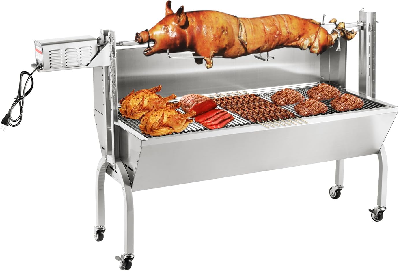 Kendane Rotisserie Grill Charcoal Spit Roaster, Stainless Steel 46' Pig Lamb Hooded Roaster Charcoal Spit with 30W Motor & Adjustable Height Lockable Casters for Party Barbecue, Rated 150 LB