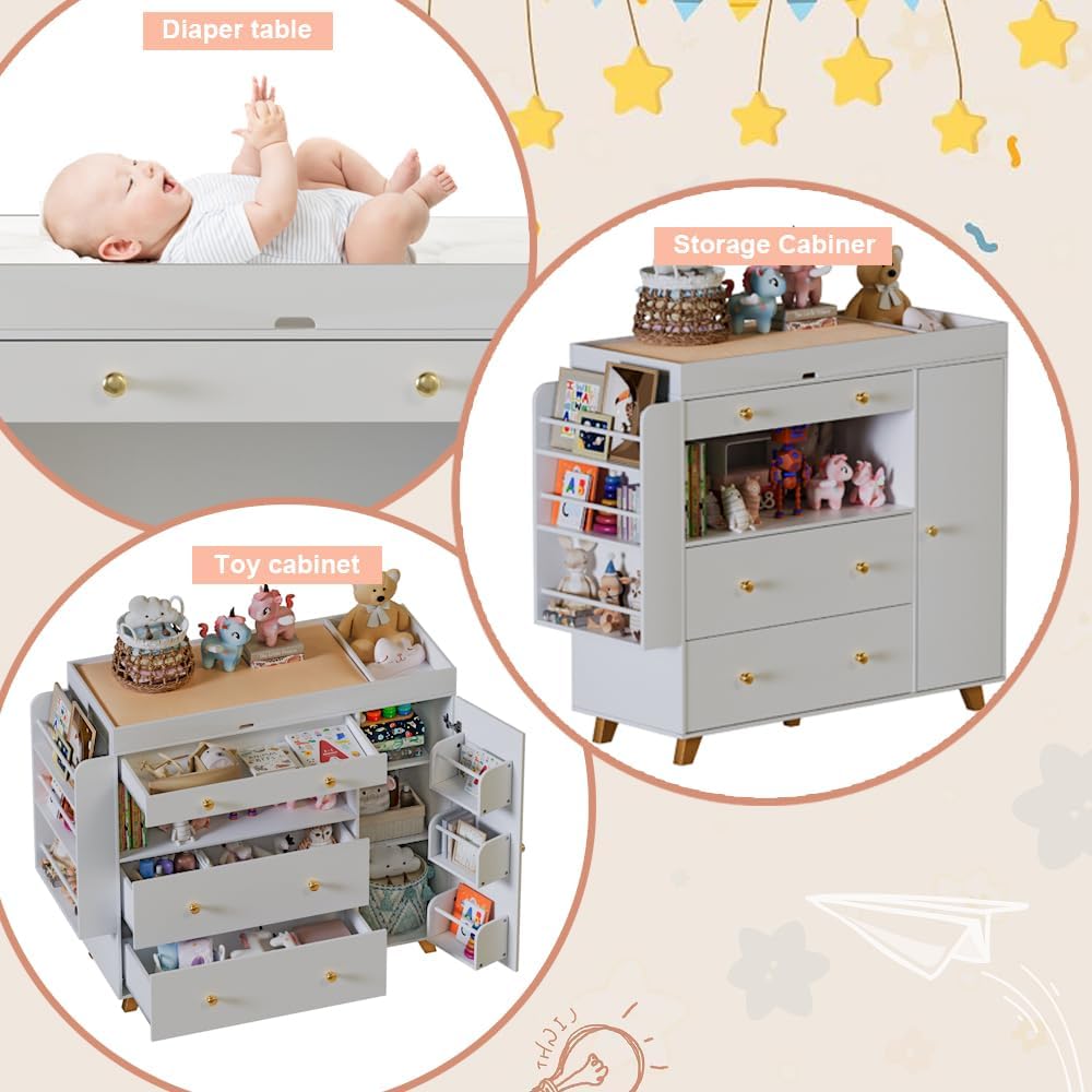 FURNJOYLIFE Nursery Dresser with Baby Changing Table, Modern Diaper Changing Station,Dresser for Nursery with 3 Drawers & Shelves, Storage Crib with Changing Table, White