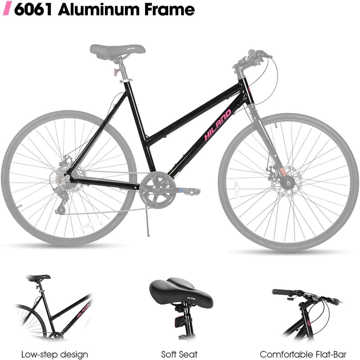 HILAND 700C Road Hybrid Bike, 7 speeds Bikes Urban City Commuter Bicycle with Disc Brake for Men Women Adult Comfortable Bicycle