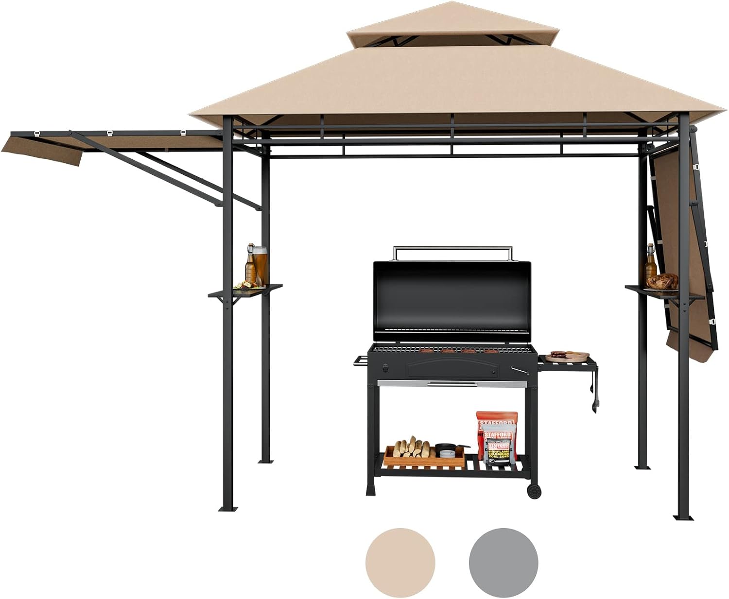 Tangkula 13.5x4 Ft Grill Gazebo with Dual Side Awnings, Double Tiered BBQ Gazebo with 2 Side Shelves, Heavy-Duty Steel Frame, CPAI-84 Barbecue Grill Gazebo Shelter for Patio, Garden, Beach, Terrace