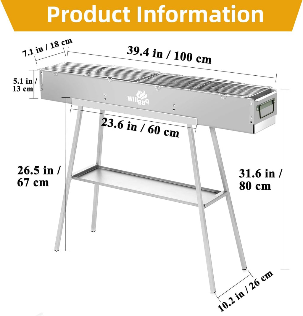 WILLBBQ Charcoal Grill for Tailgate Patio Beach Backyard, Alloy Steel BBQ Barbecue Outdoor Grilling with Durable Support Frame and Dual Adjustable Vents (39.4x7.1x5.1 inch With Accessories)