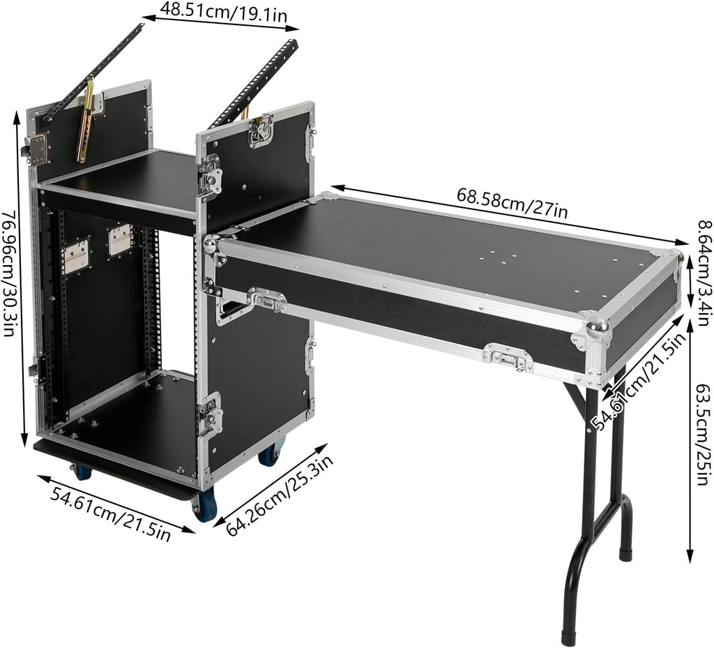 14U PA DJ Rack/Road ATA Case, Network & Stereo Rack with Slant Mixer Tops, Heavy-Duty DJ Work Table Rolling Studio Equipment Cabinet, Amplifier Mixer Storage Stand for Pro Tour Grade, Live Sound