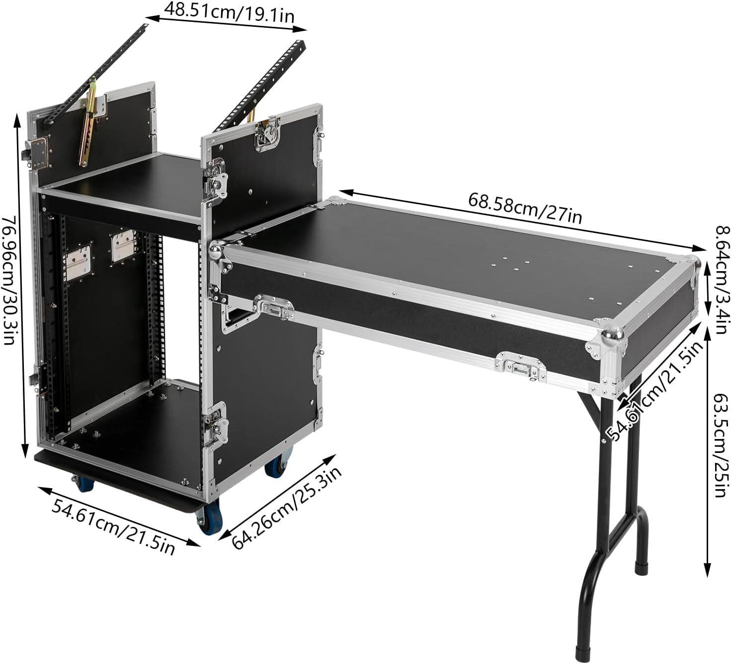 14U PA DJ Rack/Road ATA Case, Network & Stereo Rack with Slant Mixer Tops, Heavy-Duty DJ Work Table Rolling Studio Equipment Cabinet, Amplifier Mixer Storage Stand for Pro Tour Grade, Live Sound