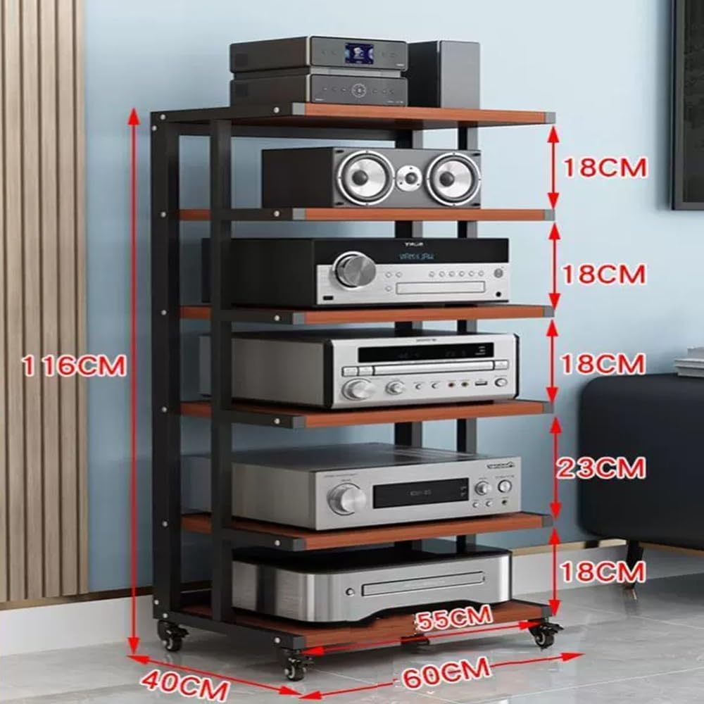 5-Tier Mobile Audio Stand with Wheels - Rolling HiFi Rack for Stereo Components & Av Equipment Storage Adjustable Height Durable Design for Home & Studio Use-Black-6 Tier