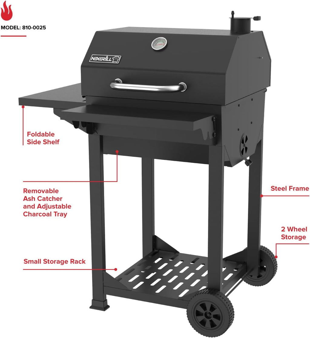 Nexgrill 22' Barrel Charcoal Grill with Side Shelf, 550 SQ In Cooking Space, Adjustable Chimney, Air Dampers, Temperature Gauge, Warming Rack, Smoker Grill for Camping, Picnics, and More - 810-0025