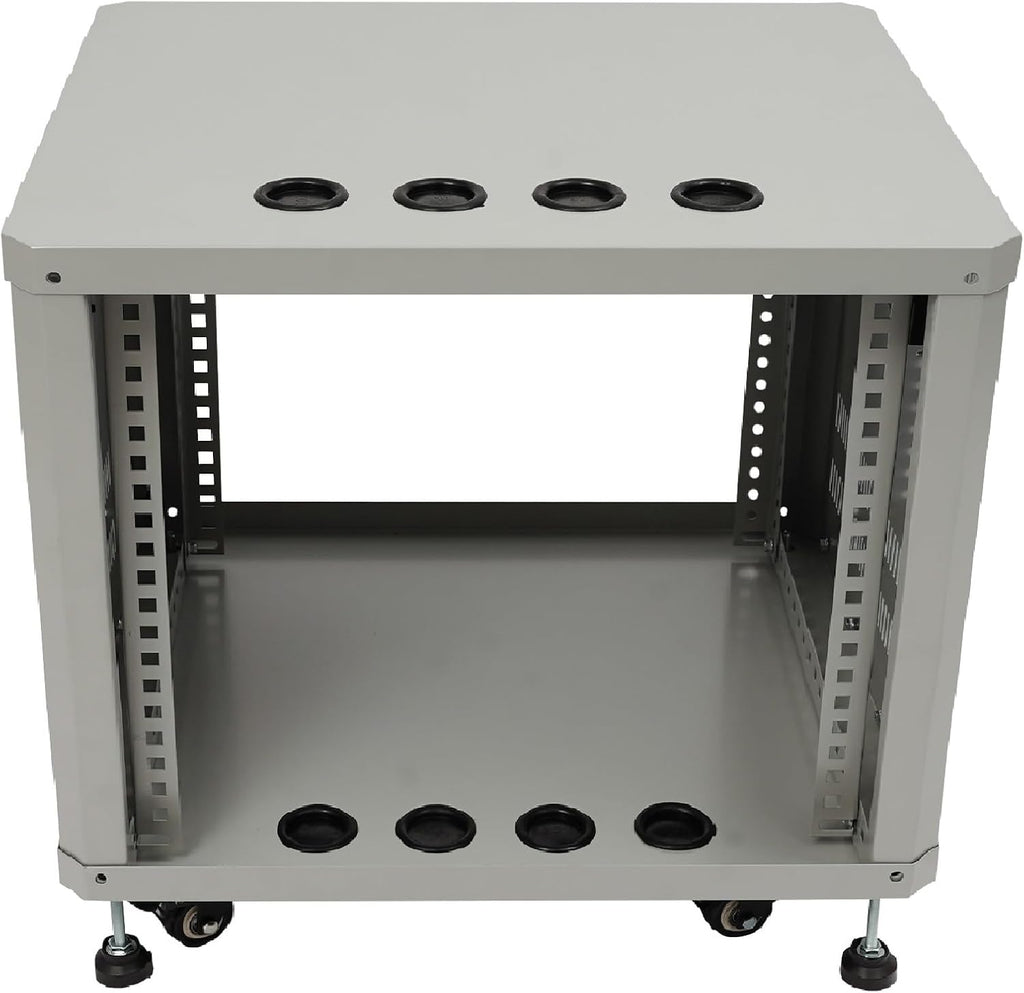 9U AV Rack with Wheels, Metal Studio Cabinet with Cable Ports, 19.8' x 22.4' x 18.3', Portable Home Studio Racks, Floor Standing Server Cabinet for Amplifiers, AV Equipment, Computers