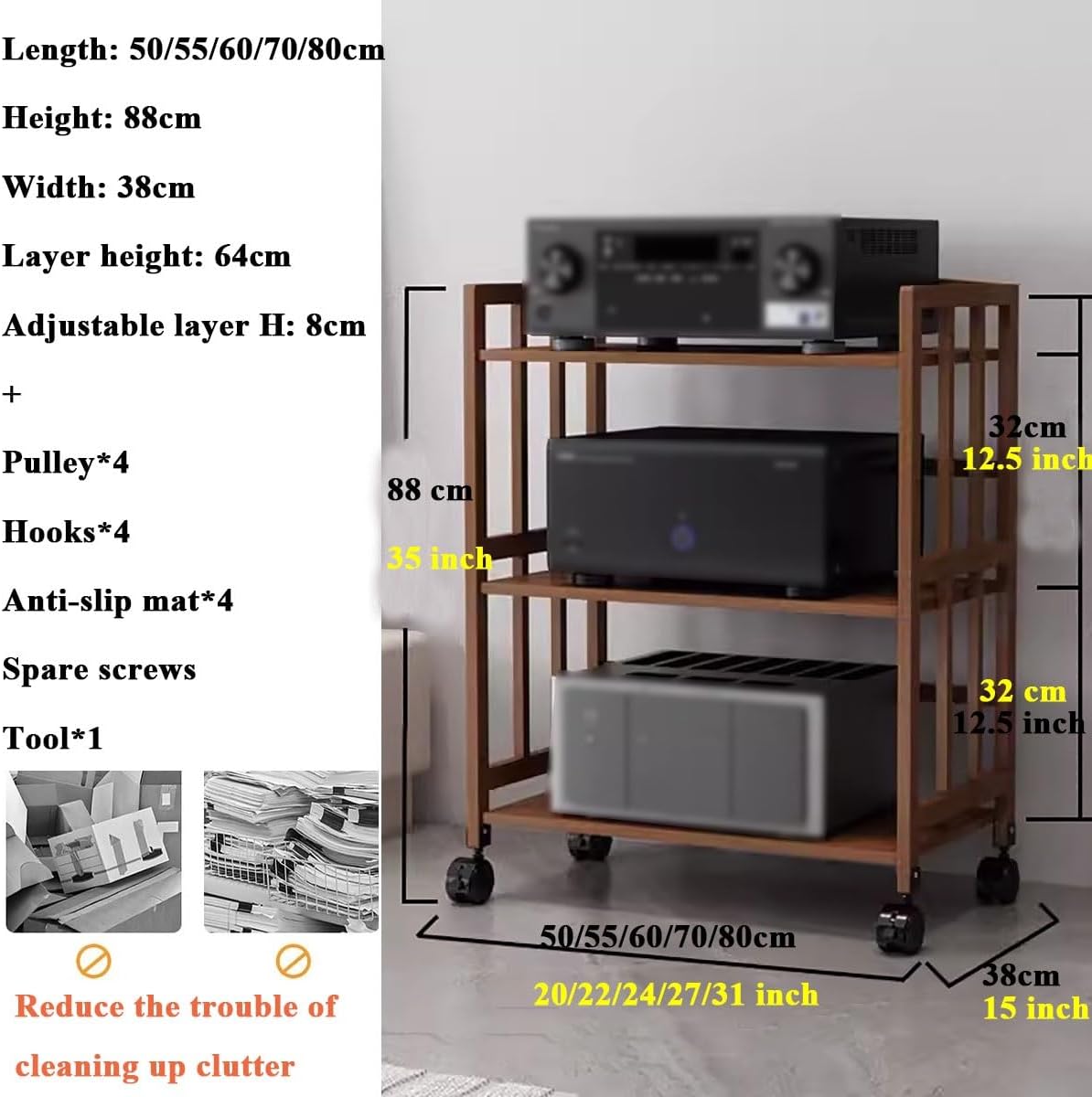 Media Stand 3 Tier Stereo Cabinet Furniture, Large Capacity Media Storage Rack for Audio-Video Equipment Shelving, Corner Bookshelf with Adjustable Shelf/Universal Wheels for Office Home Liv