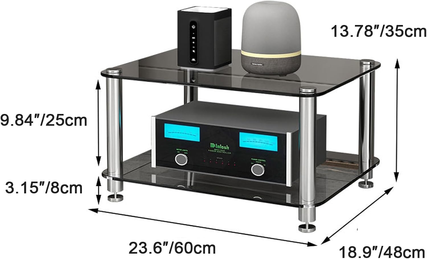 1/2/3/4 Tier Stereo Rack AV Media Stand with Tempered Glass Shelves, Audio Rack Tower CD Record Player Stereo Receiver AV Equipment Cabinet Display Stand,Clear,2 Tier