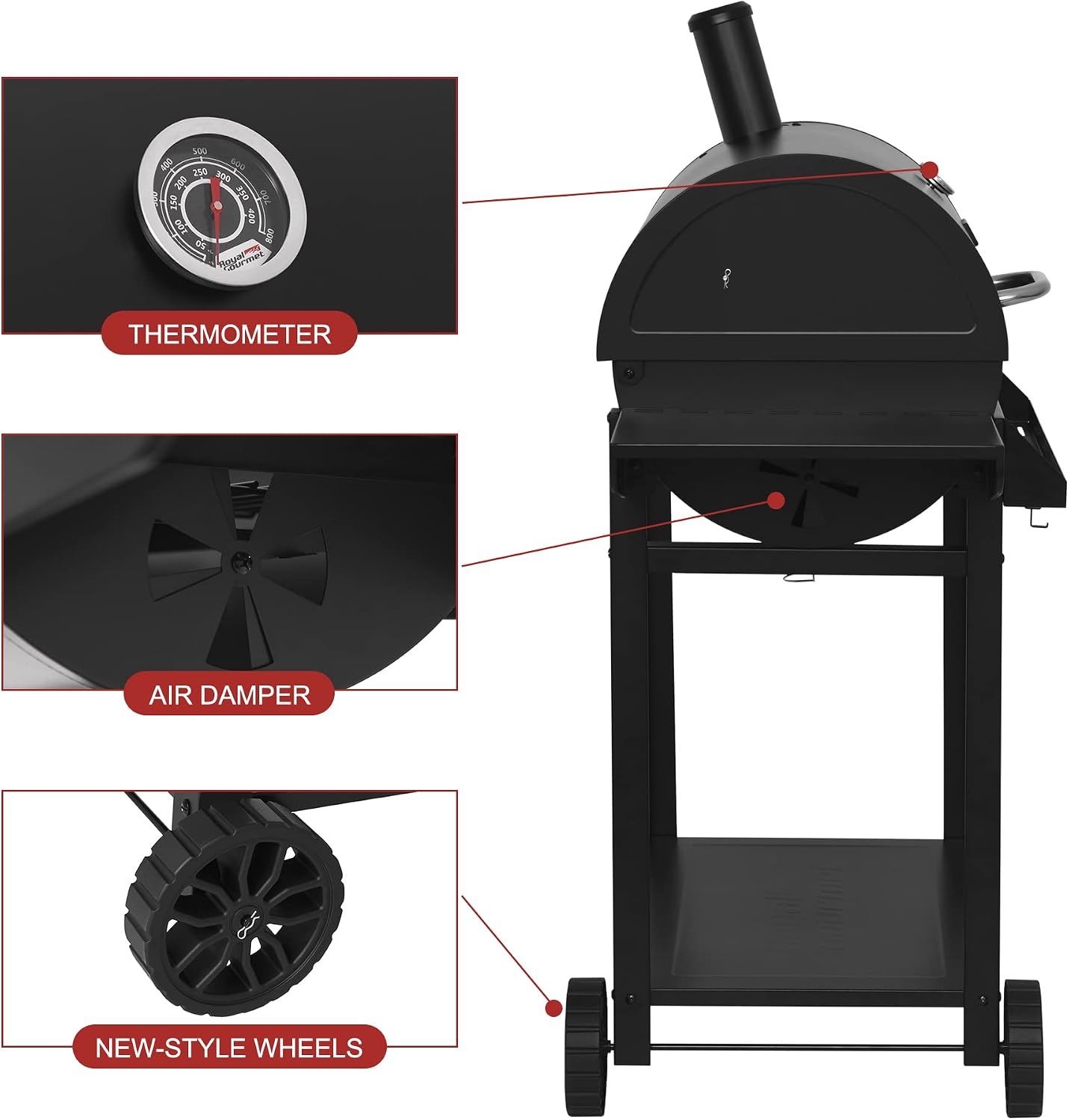 Royal Gourmet CC1830T 30-Inch Barrel Charcoal Grill with Warming Rack & Front Storage Basket, Outdoor BBQ Grill with 627 sq. in. Grilling Area for Backyard Barbecue Cooking Party, Black