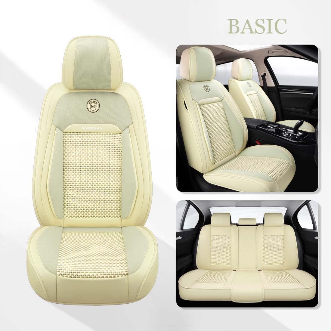 Lemon Yellow Car Seat Covers Full Set - Leather and Ice Silk Breathable Front and Rear Seat Covers for Women Men, Luxury Car Cushions