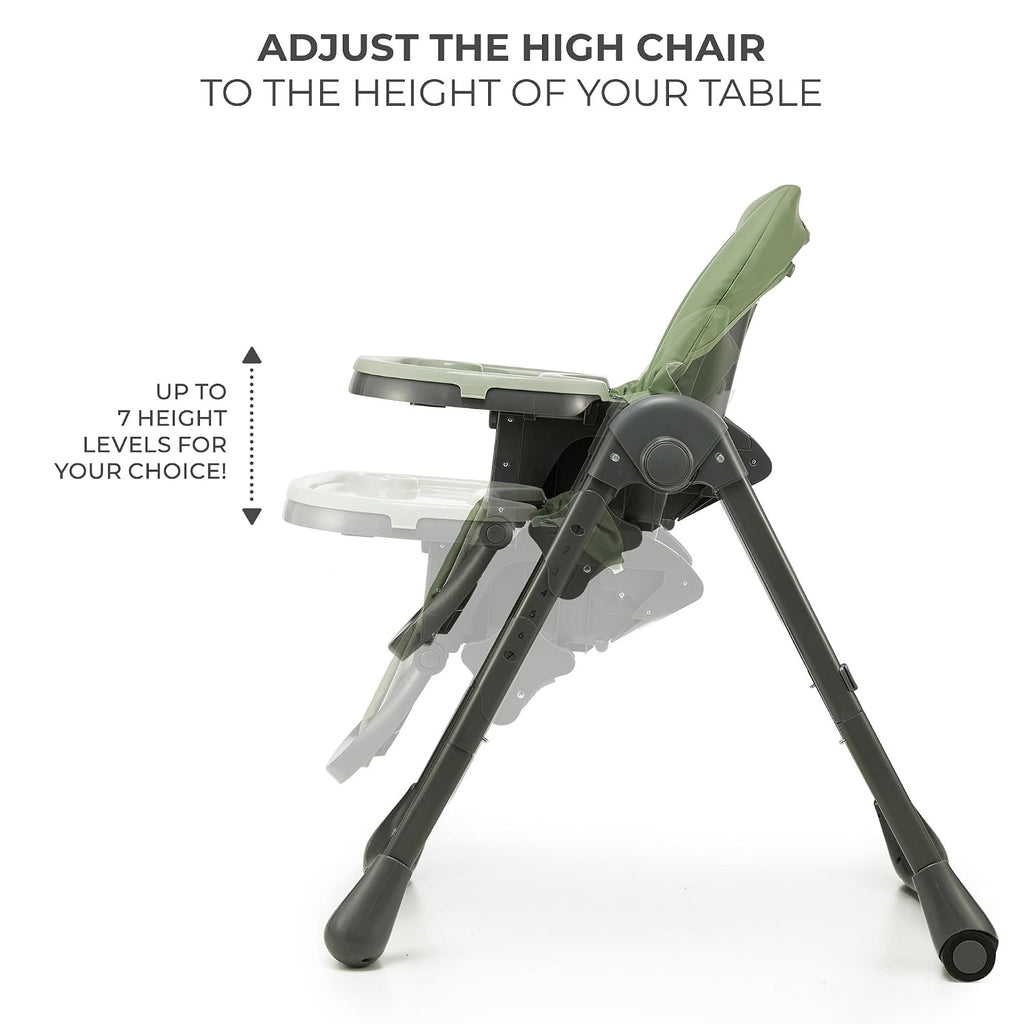 Kinderkraft Tummie, 2-in-1 high Chair, Baby Chair, Ergonomic, Comfortable, Reclining, Foldable, with Ajustable Height, Footrest, Detachable Tray, for Toddler, with Toys, Green