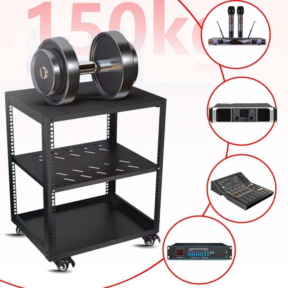 Heavy Duty Audio Rack on Wheels – Adjustable Metal Media Storage Cabinet for Home Theater & HiFi Equipment, Sturdy Console Shelf Organizer, Black, H28cm
